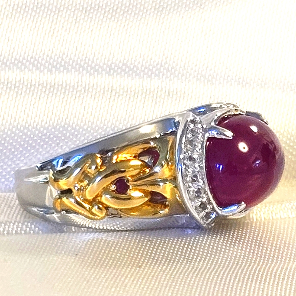 Victoria Wieck Ruby Cobachon, Silver and Gold Ring with Intricate Design